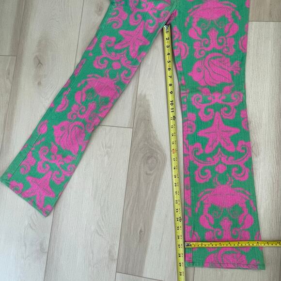 Lilly Pulitzer Rare Vintage Where's The Reef  Pink Green Jeans Sz 4 Flare - Picture 5 of 10
